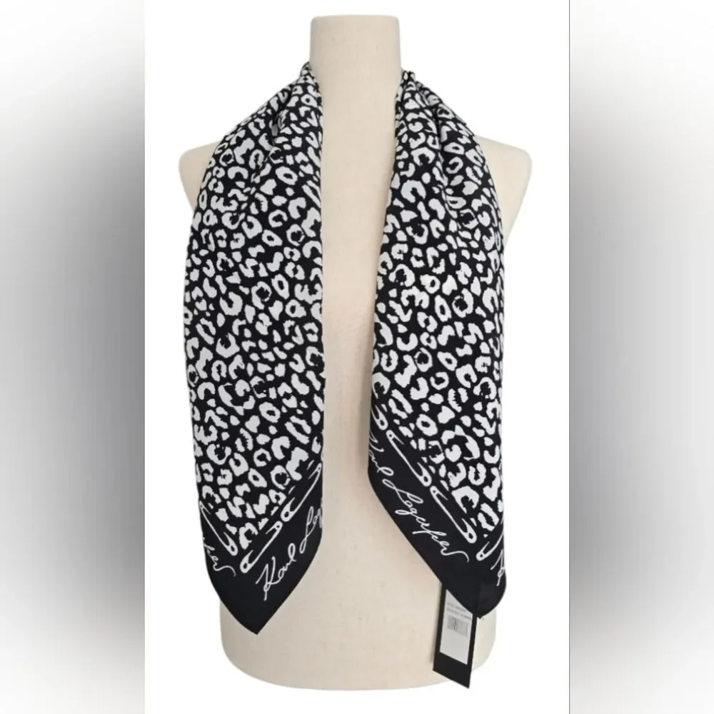 Karl Lagerfeld Black and White Leopard Print Silk Scarf